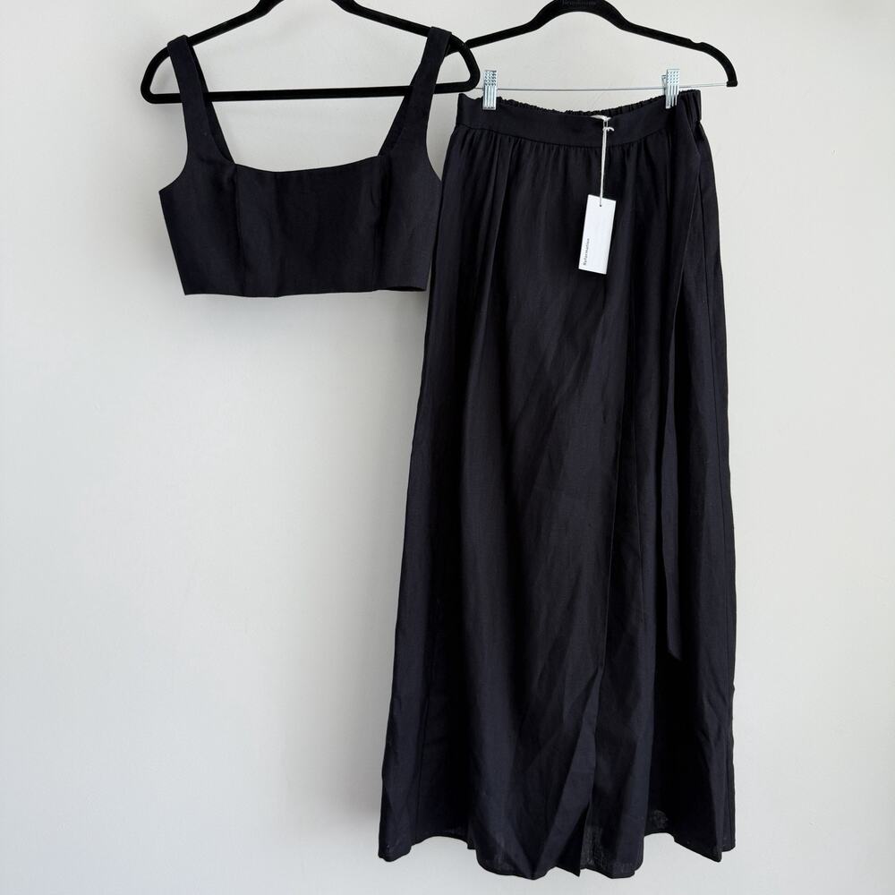 Reformation Linen Palm Set 4 Black Two Piece Set Crop Top Skirt Vacation Resort - Picture 2 of 14